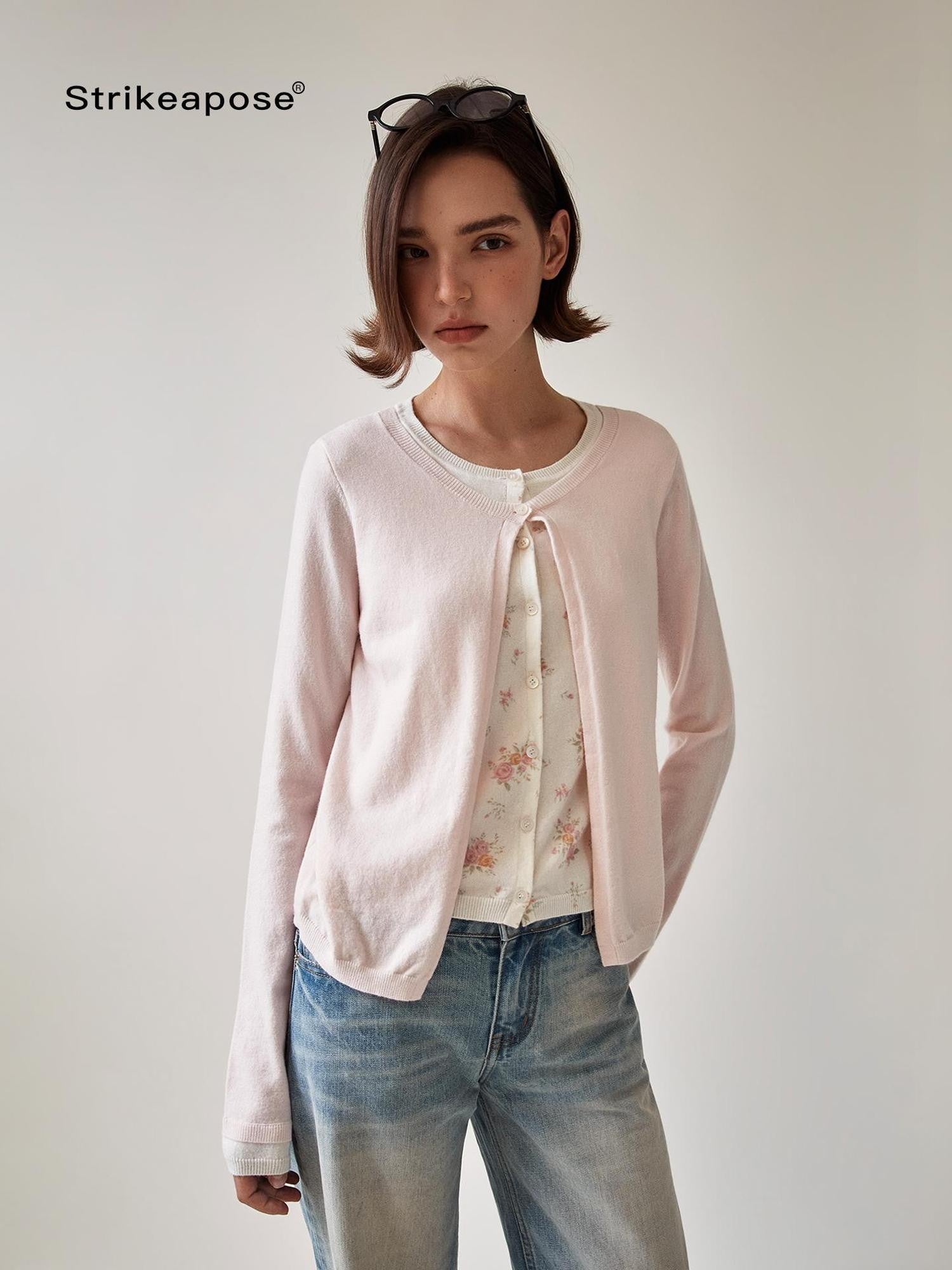 STRIKE A POSE Pink Layered Look Contrast Rib Knit Cropped Loose Women&