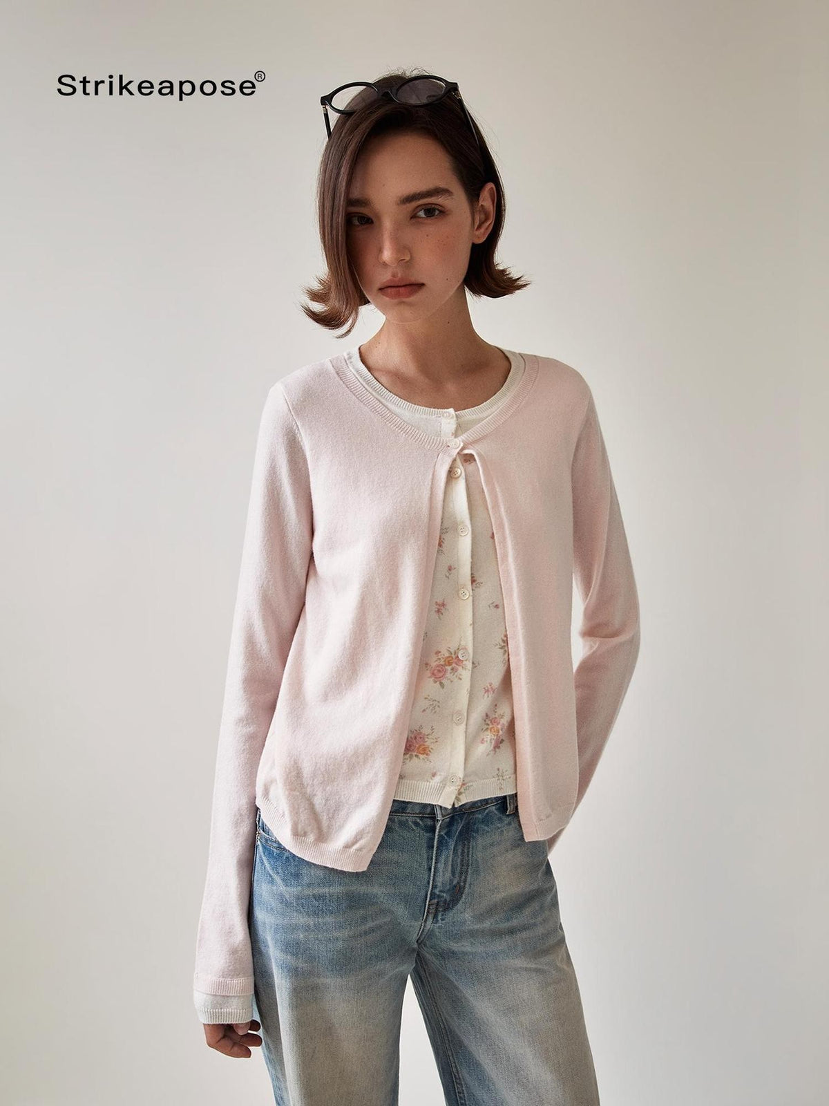STRIKE A POSE Pink Layered Look Contrast Rib Knit Cropped Loose Women&