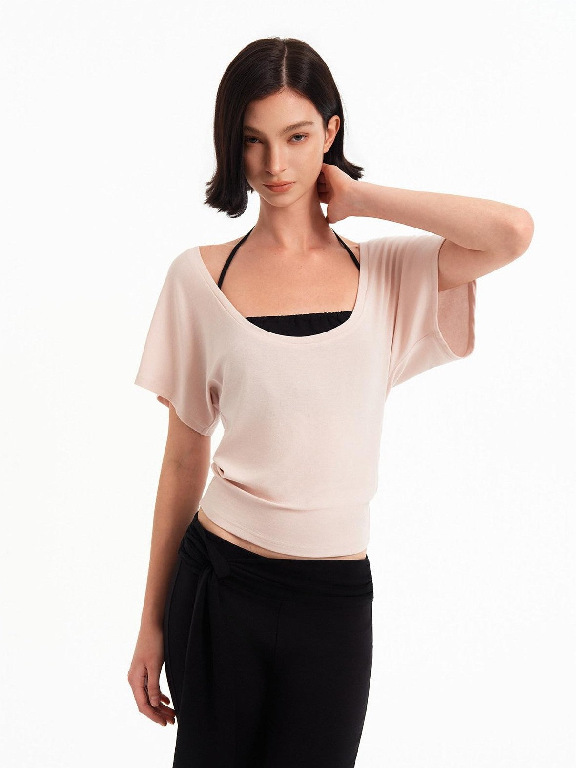 STRIKE A POSE Pink Low U Neck Drop Shoulder Ruched Women&