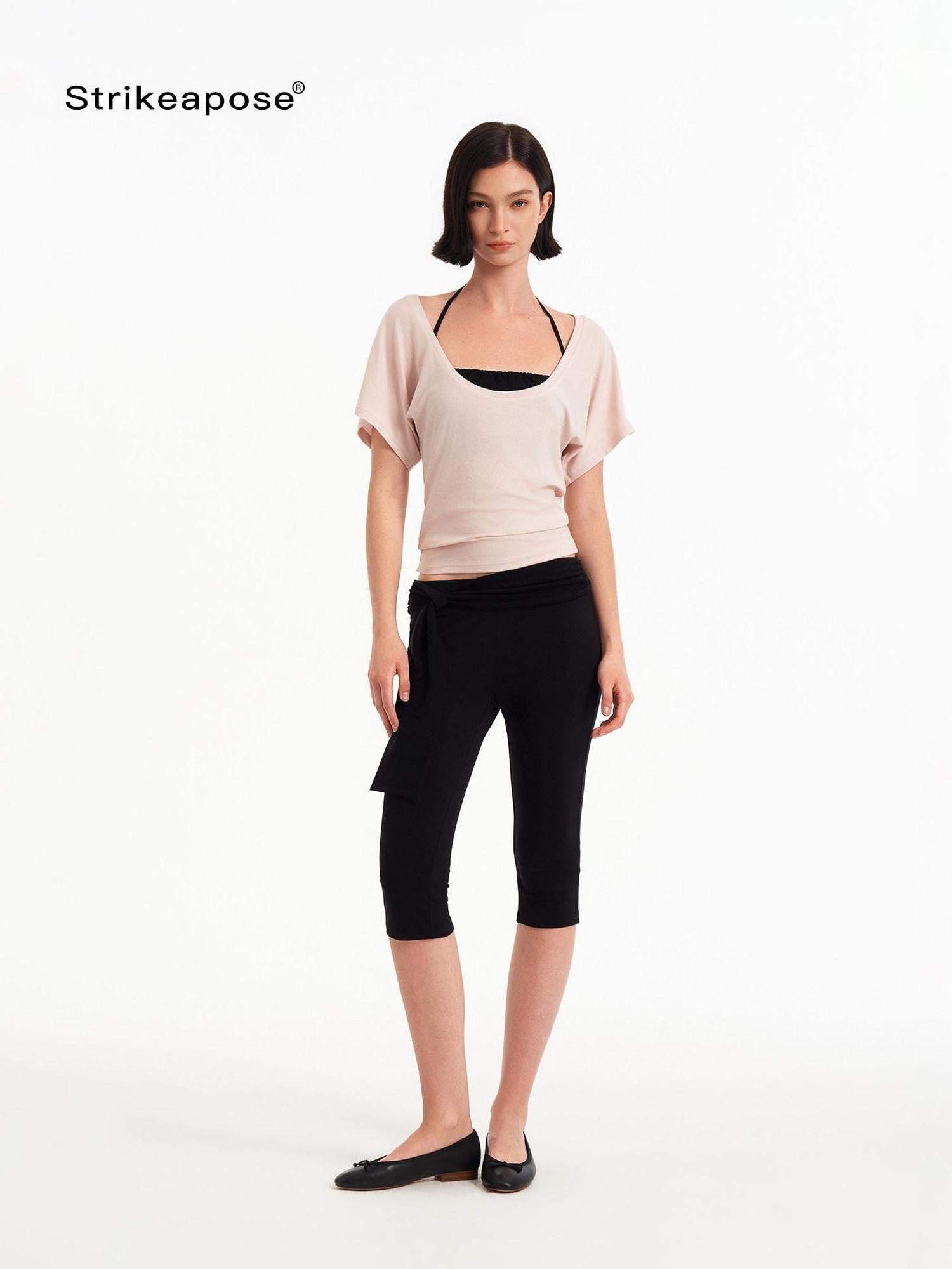 STRIKE A POSE Pink Low U Neck Drop Shoulder Ruched Women&