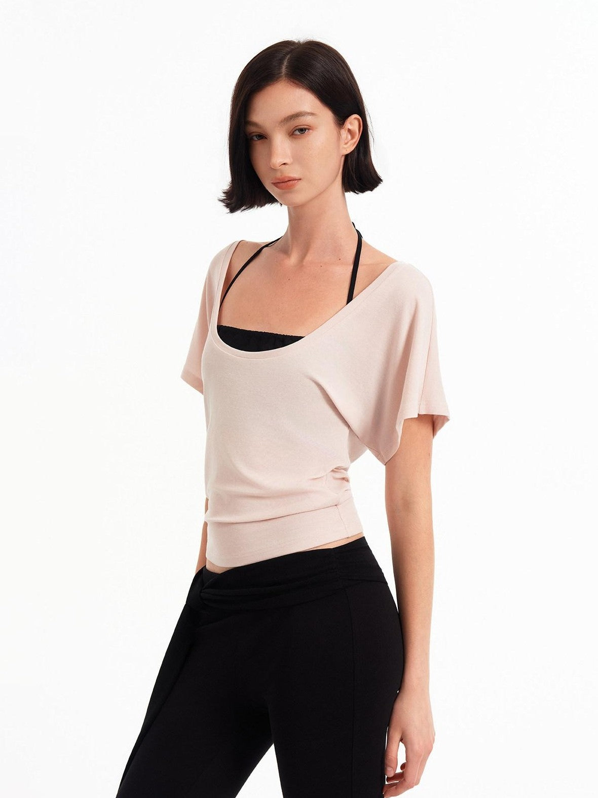 STRIKE A POSE Pink Low U Neck Drop Shoulder Ruched Women&
