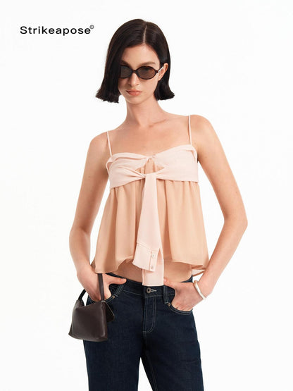 STRIKE A POSE Pink Orange Colorblock Bow A Line Lightweight Chiffon Women&