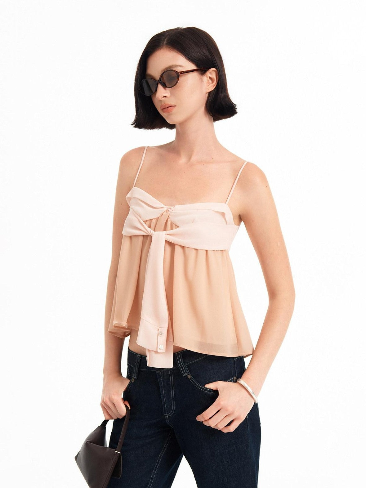 STRIKE A POSE Pink Orange Colorblock Bow A Line Lightweight Chiffon Women&