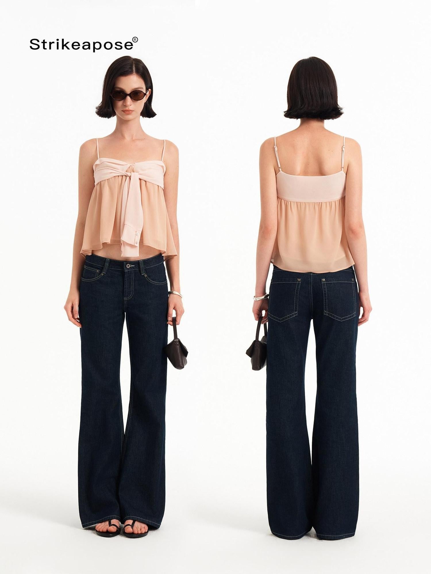 STRIKE A POSE Pink Orange Colorblock Bow A Line Lightweight Chiffon Women&