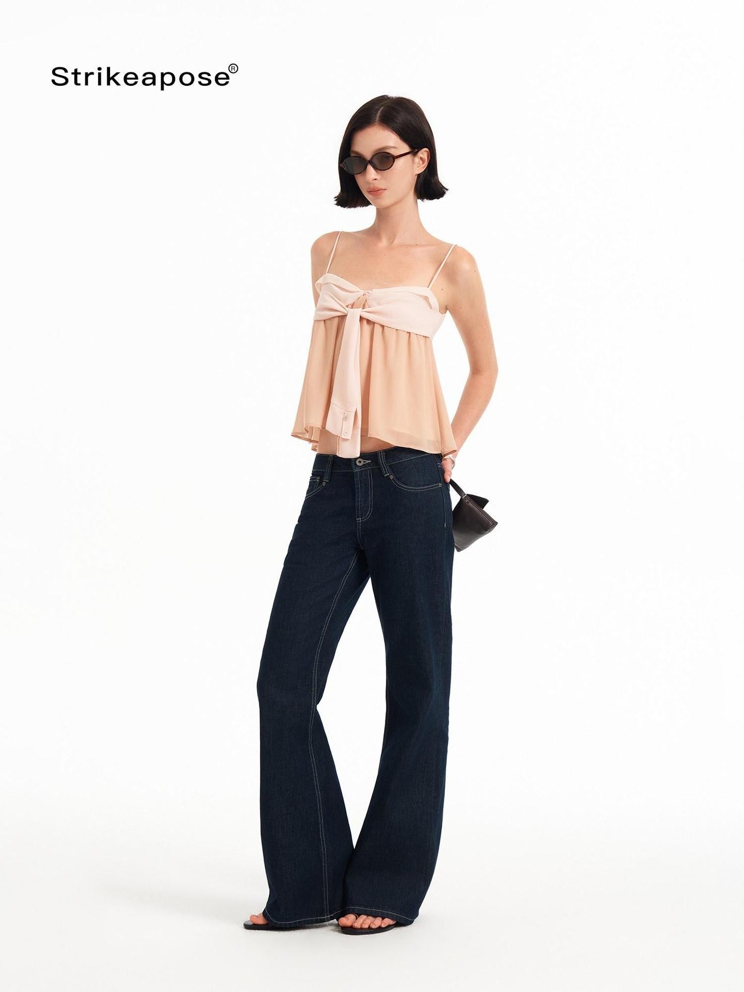 STRIKE A POSE Pink Orange Colorblock Bow A Line Lightweight Chiffon Women&