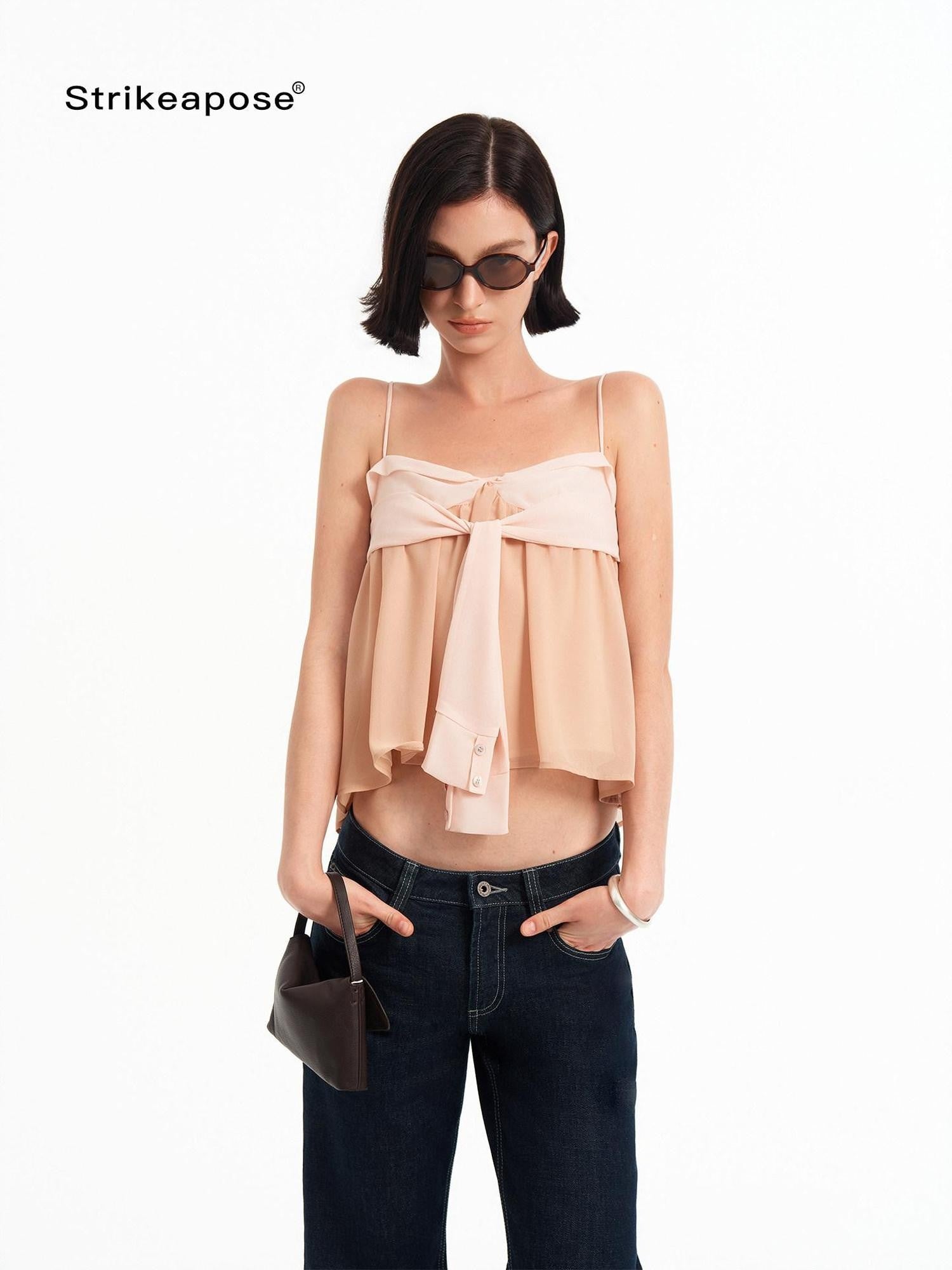 STRIKE A POSE Pink Orange Colorblock Bow A Line Lightweight Chiffon Women&