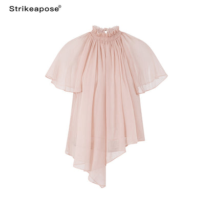 STRIKE_A_POSE_Pink_Pleated_High_Neck_Sheer_Flutter_Sleeve_Women&
