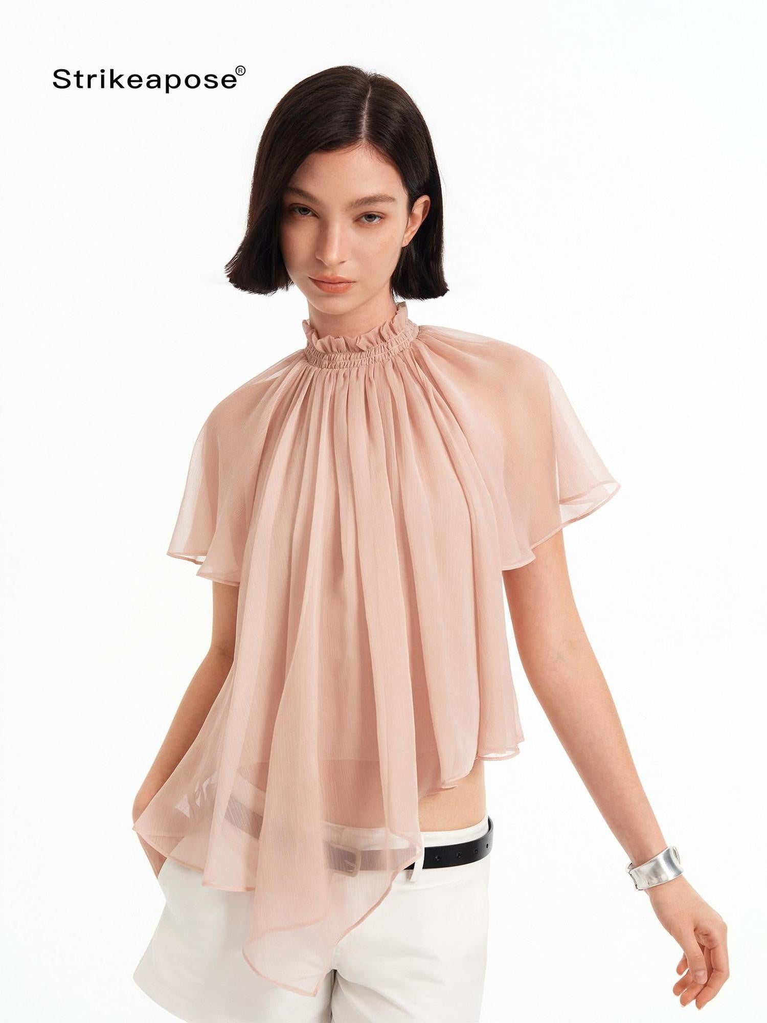STRIKE A POSE Pink Pleated High Neck Sheer Flutter Sleeve Women&