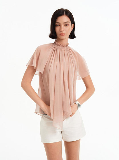 STRIKE A POSE Pink Pleated High Neck Sheer Flutter Sleeve Women&