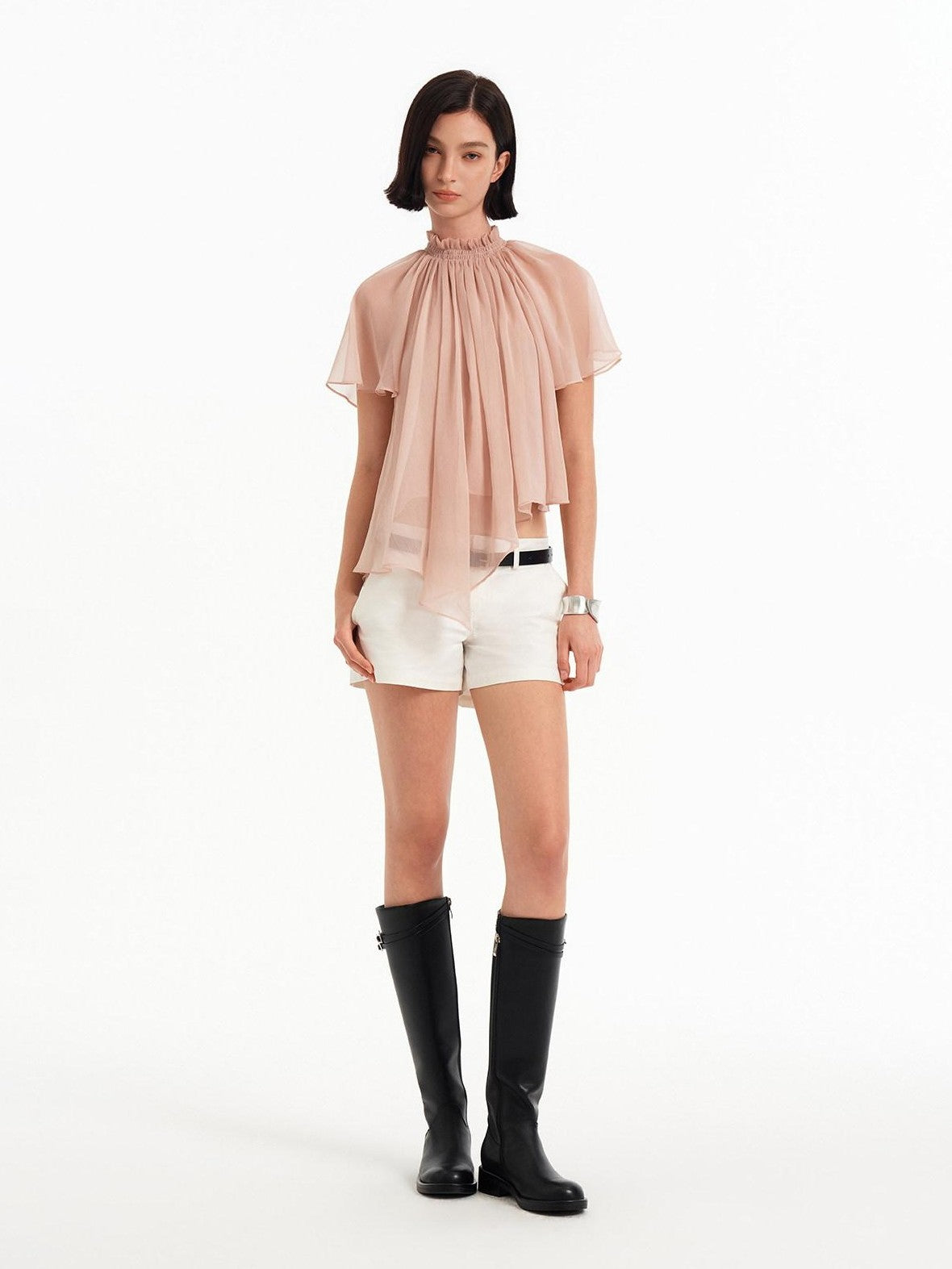 STRIKE A POSE Pink Pleated High Neck Sheer Flutter Sleeve Women&