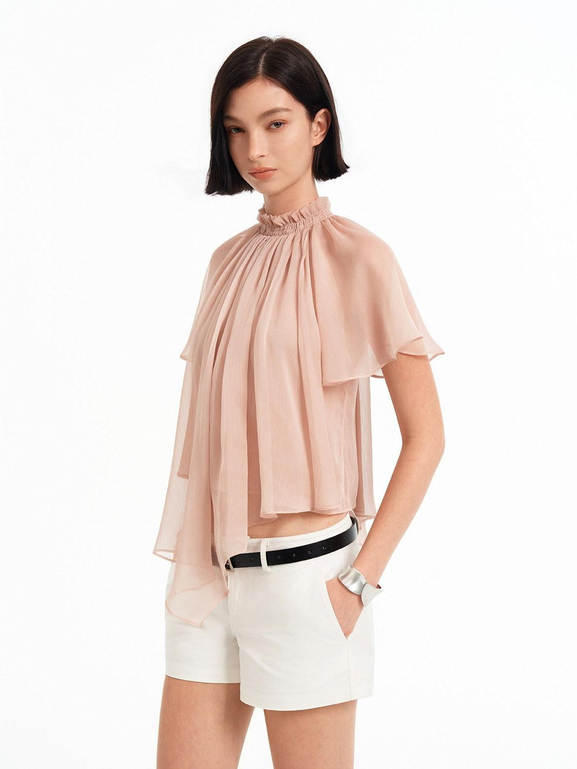 STRIKE A POSE Pink Pleated High Neck Sheer Flutter Sleeve Women&