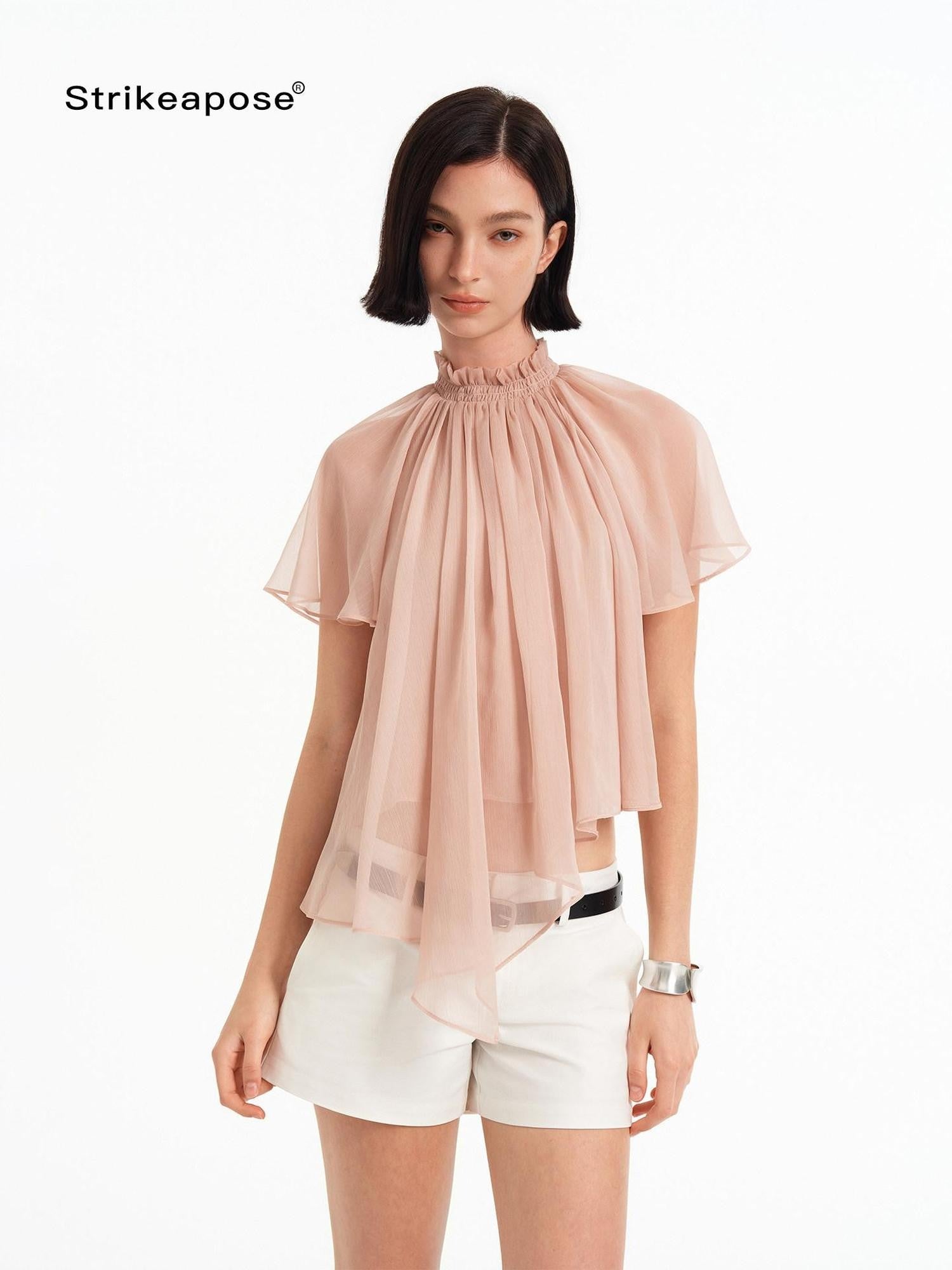 STRIKE A POSE Pink Pleated High Neck Sheer Flutter Sleeve Women&