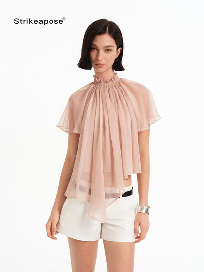 STRIKE A POSE Pink Pleated High Neck Sheer Flutter Sleeve Women&