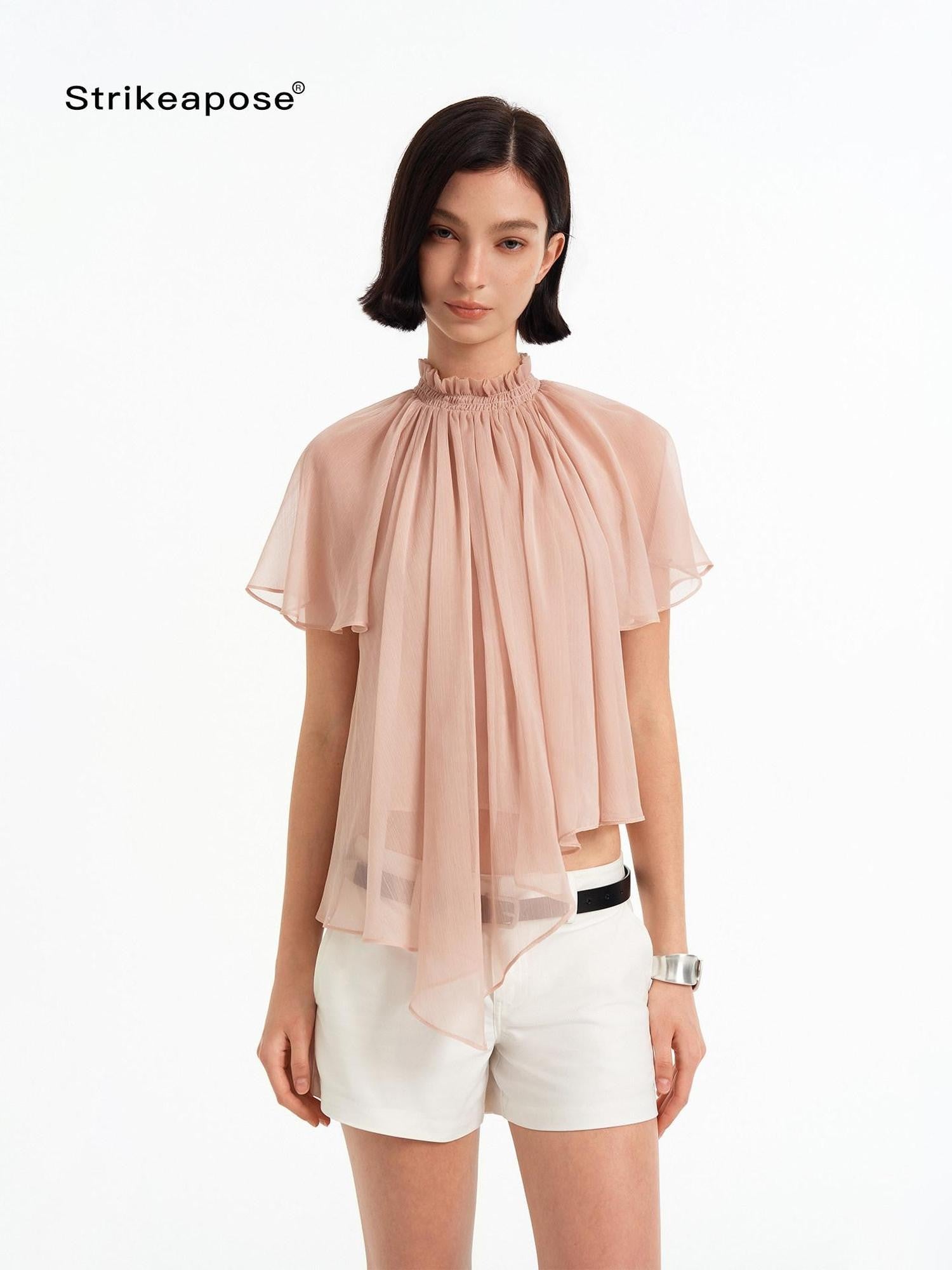 STRIKE A POSE Pink Pleated High Neck Sheer Flutter Sleeve Women&