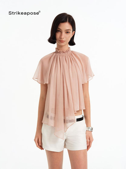 STRIKE A POSE Pink Pleated High Neck Sheer Flutter Sleeve Women&