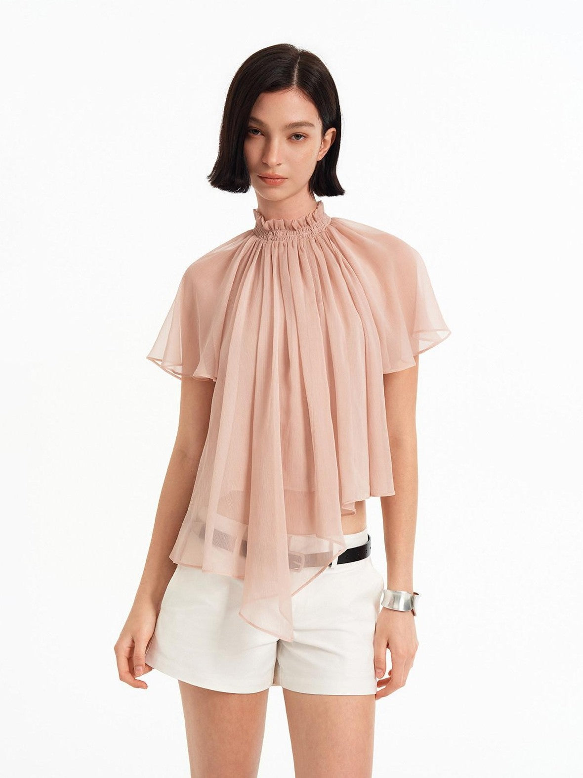 STRIKE A POSE Pink Pleated High Neck Sheer Flutter Sleeve Women&