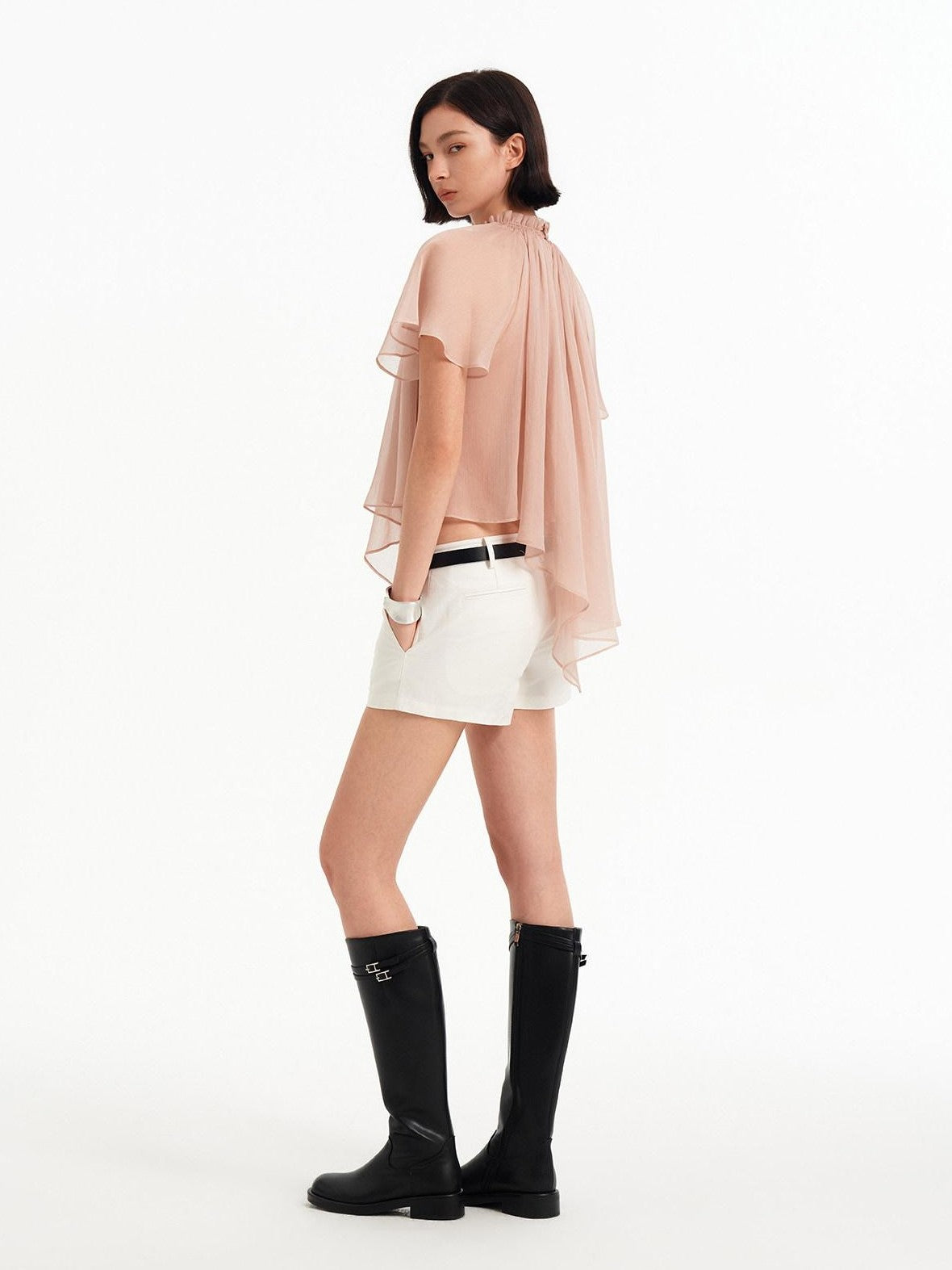 STRIKE A POSE Pink Pleated High Neck Sheer Flutter Sleeve Women&