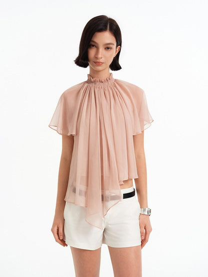 STRIKE A POSE Pink Pleated High Neck Sheer Flutter Sleeve Women&