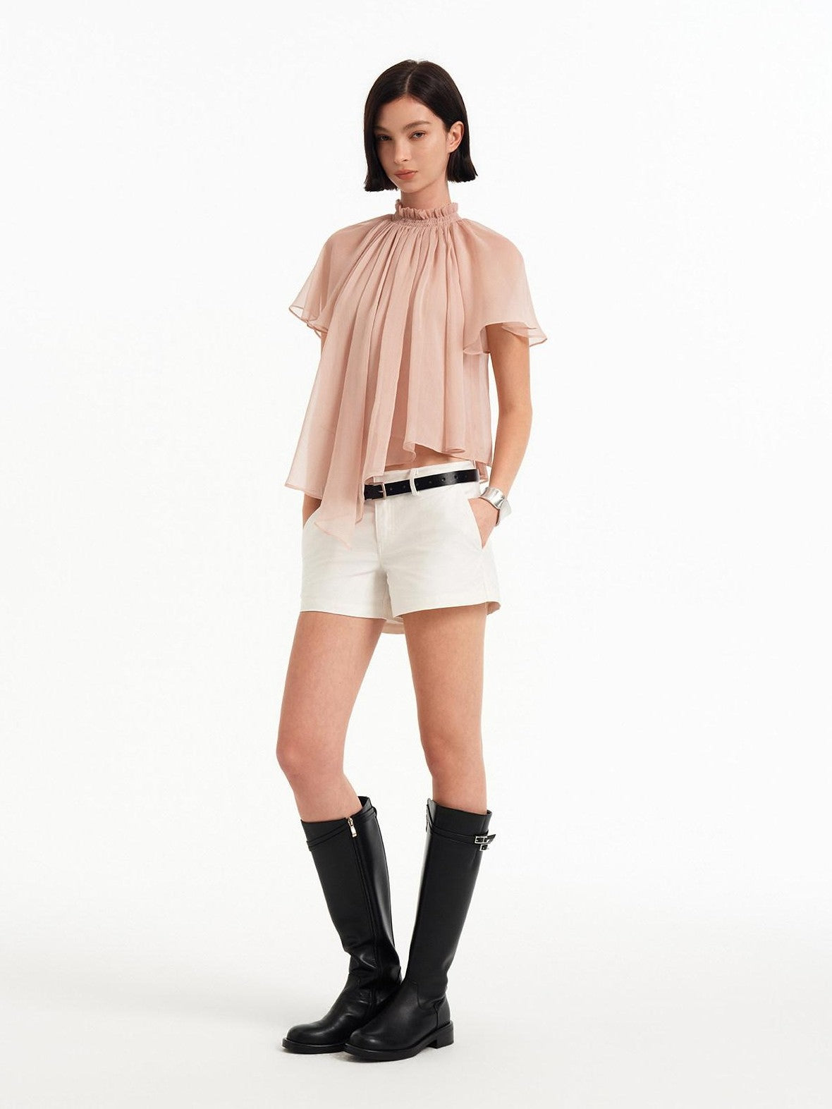 STRIKE A POSE Pink Pleated High Neck Sheer Flutter Sleeve Women&