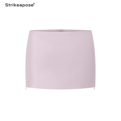 STRIKE_A_POSE_Pink_Satin_Low_Waist_Zipper_Bodycon_Women&