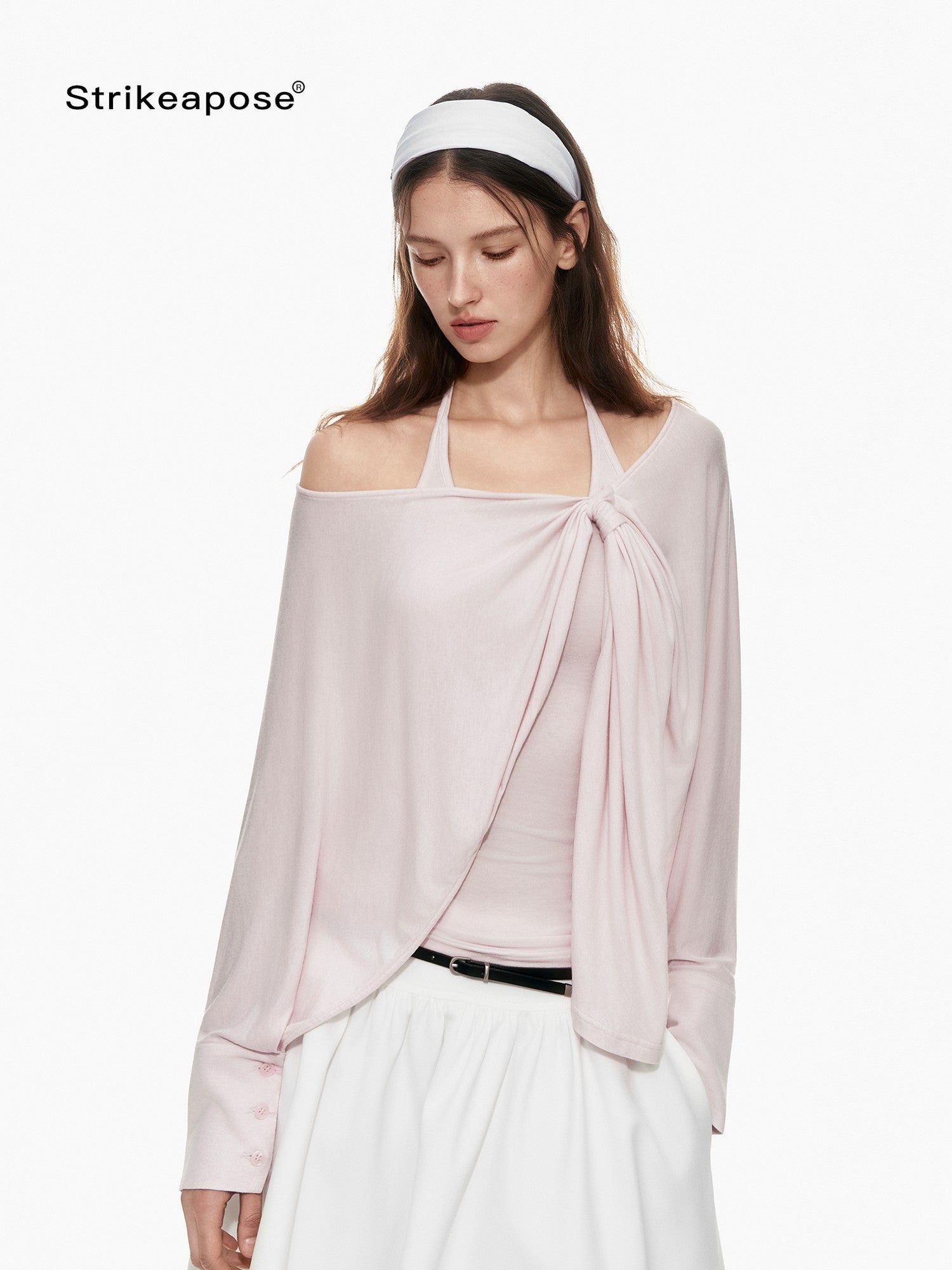 STRIKE A POSE Pink Twist Knot U Neck Layered Women&
