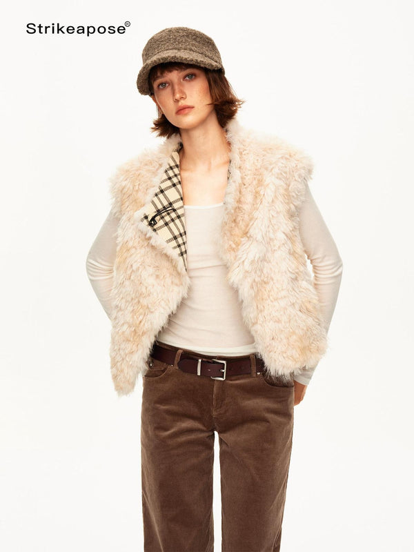 Plaid Asymmetric Button Reversible Women's Vests