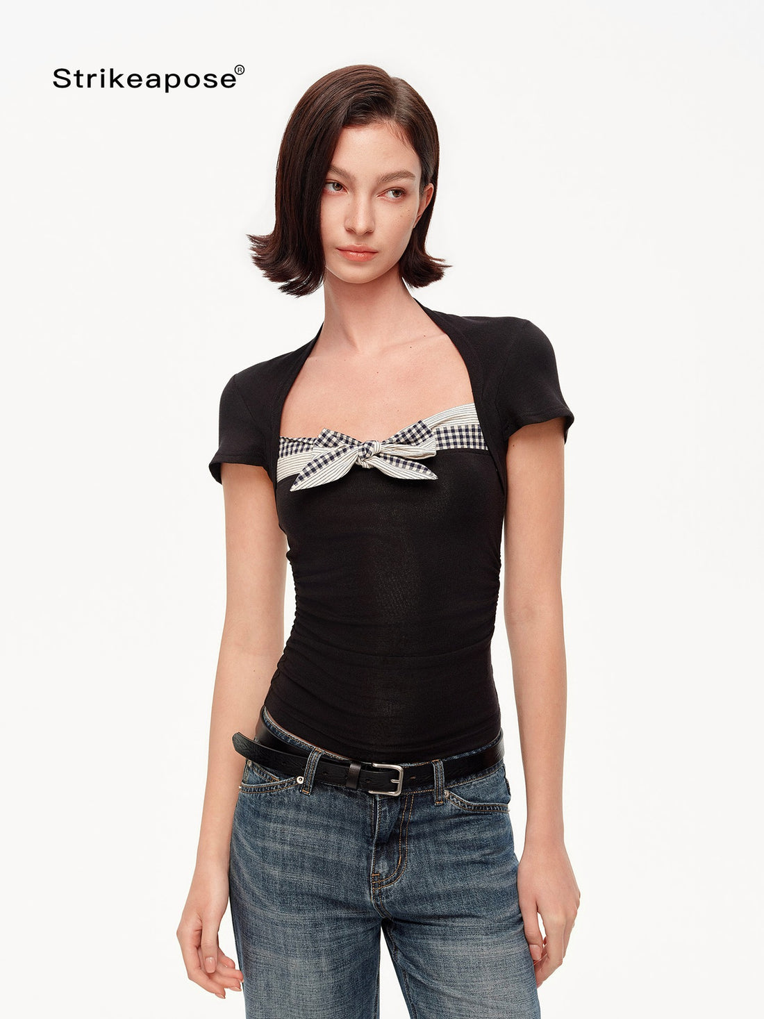 STRIKE A POSE Plaid Square Neck Contrast Waist Women&