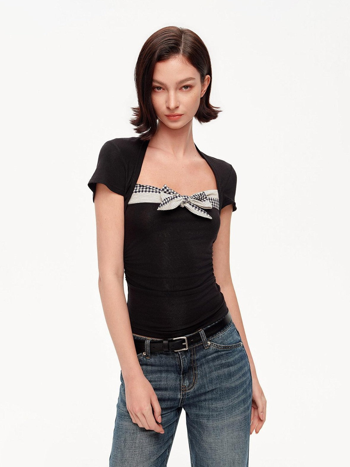 STRIKE A POSE Plaid Square Neck Contrast Waist Women&