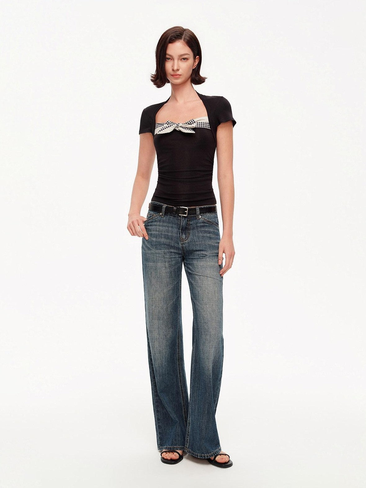 STRIKE A POSE Plaid Square Neck Contrast Waist Women&