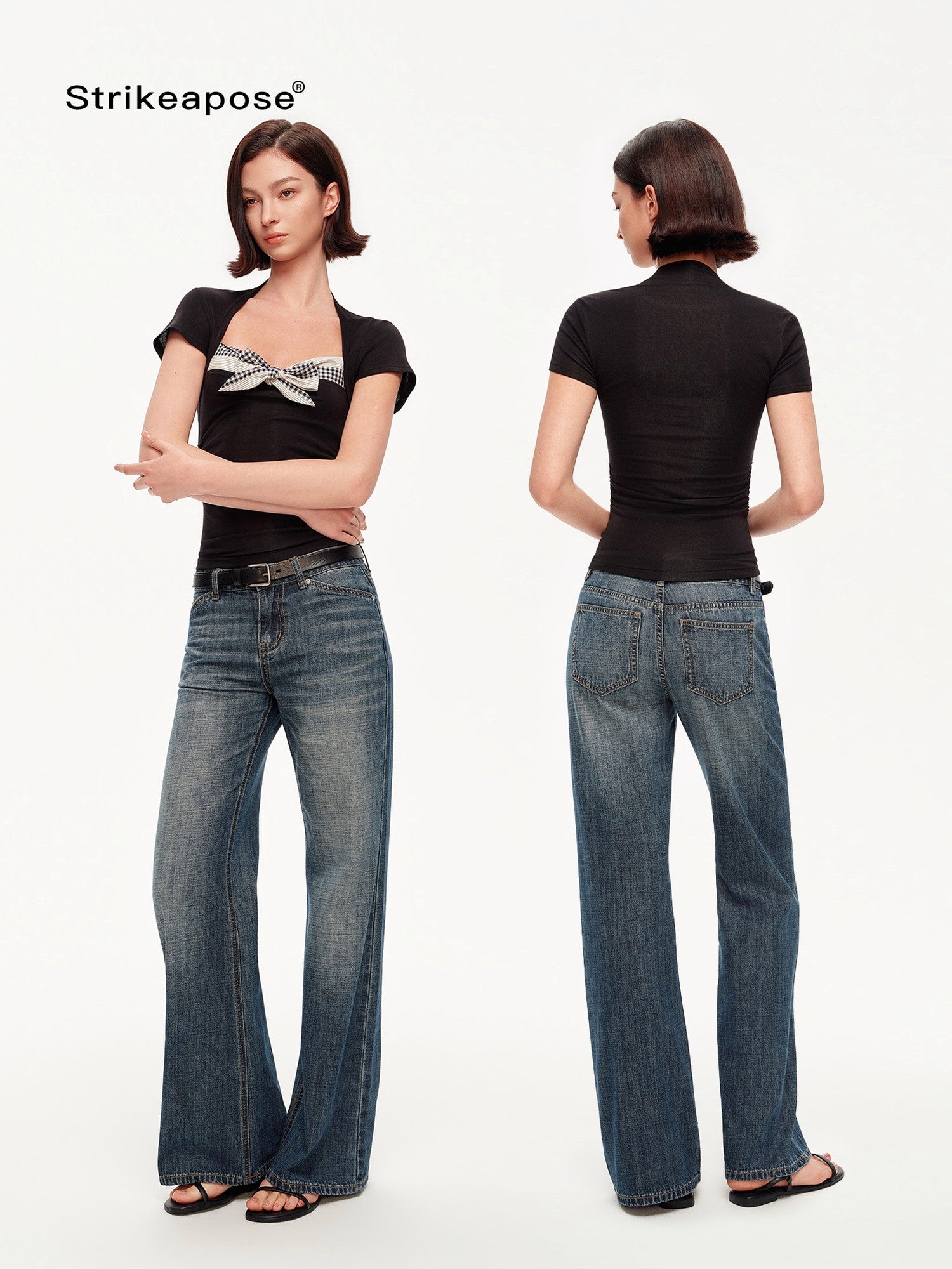 STRIKE A POSE Plaid Square Neck Contrast Waist Women&