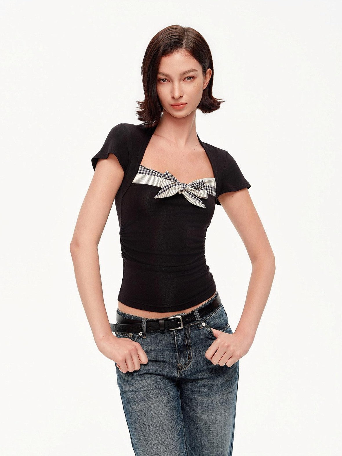 STRIKE A POSE Plaid Square Neck Contrast Waist Women&