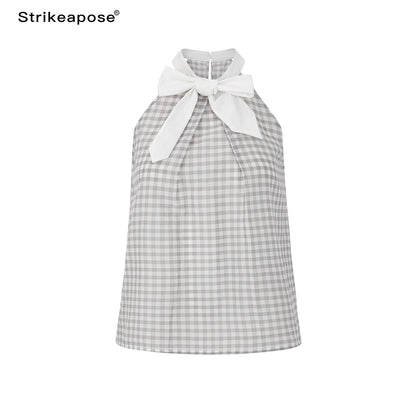 STRIKE_A_POSE_Plaid_Textured_Halter_Bow_Slim_Women&