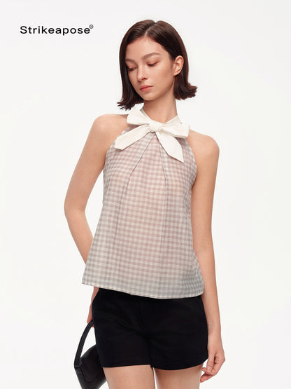 STRIKE A POSE Plaid Textured Halter Bow Slim Women&