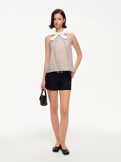 STRIKE A POSE Plaid Textured Halter Bow Slim Women&