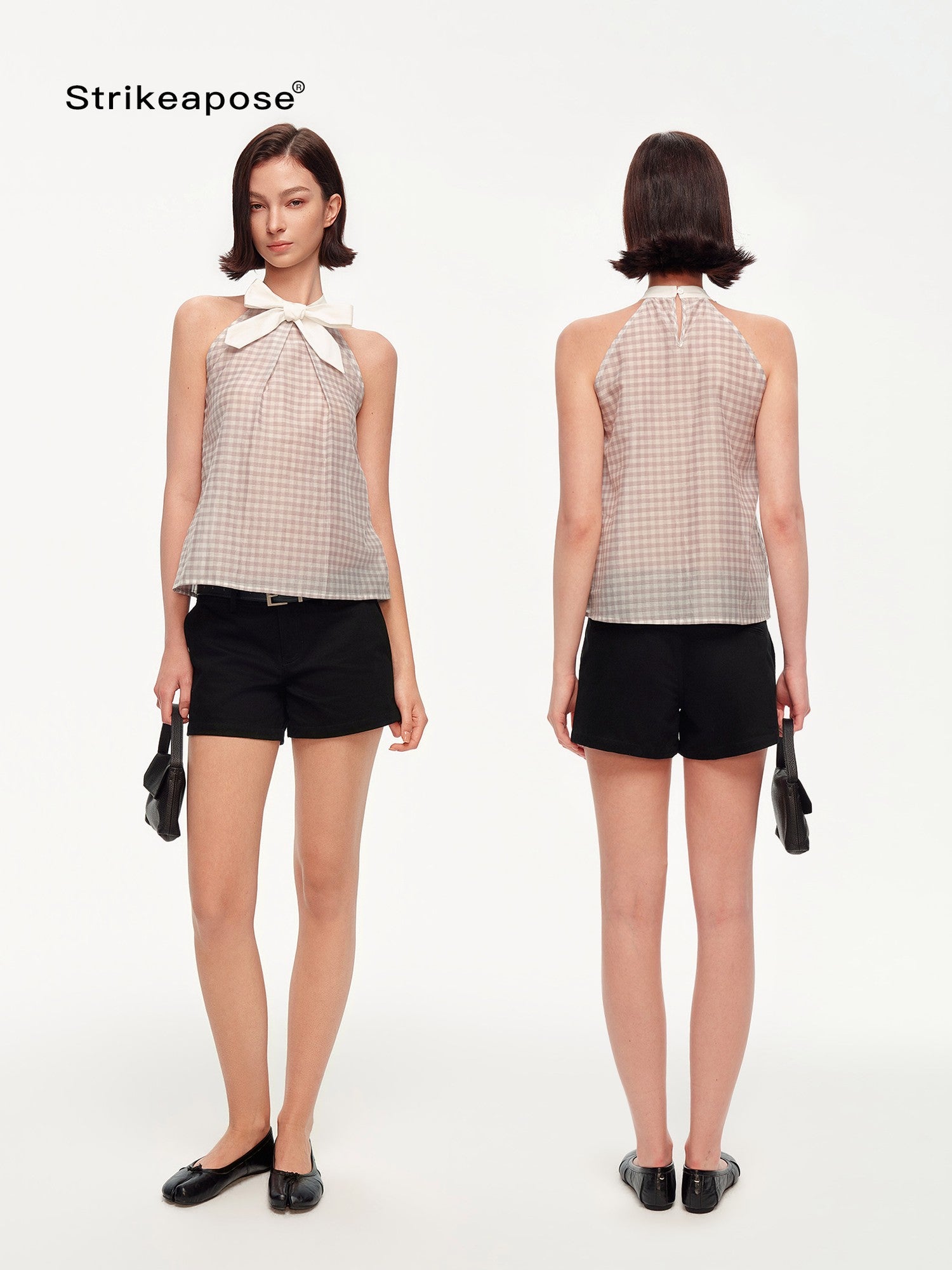 STRIKE A POSE Plaid Textured Halter Bow Slim Women&