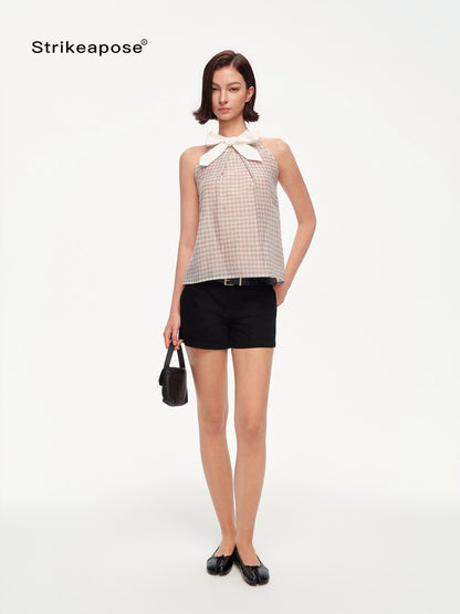 STRIKE A POSE Plaid Textured Halter Bow Slim Women&