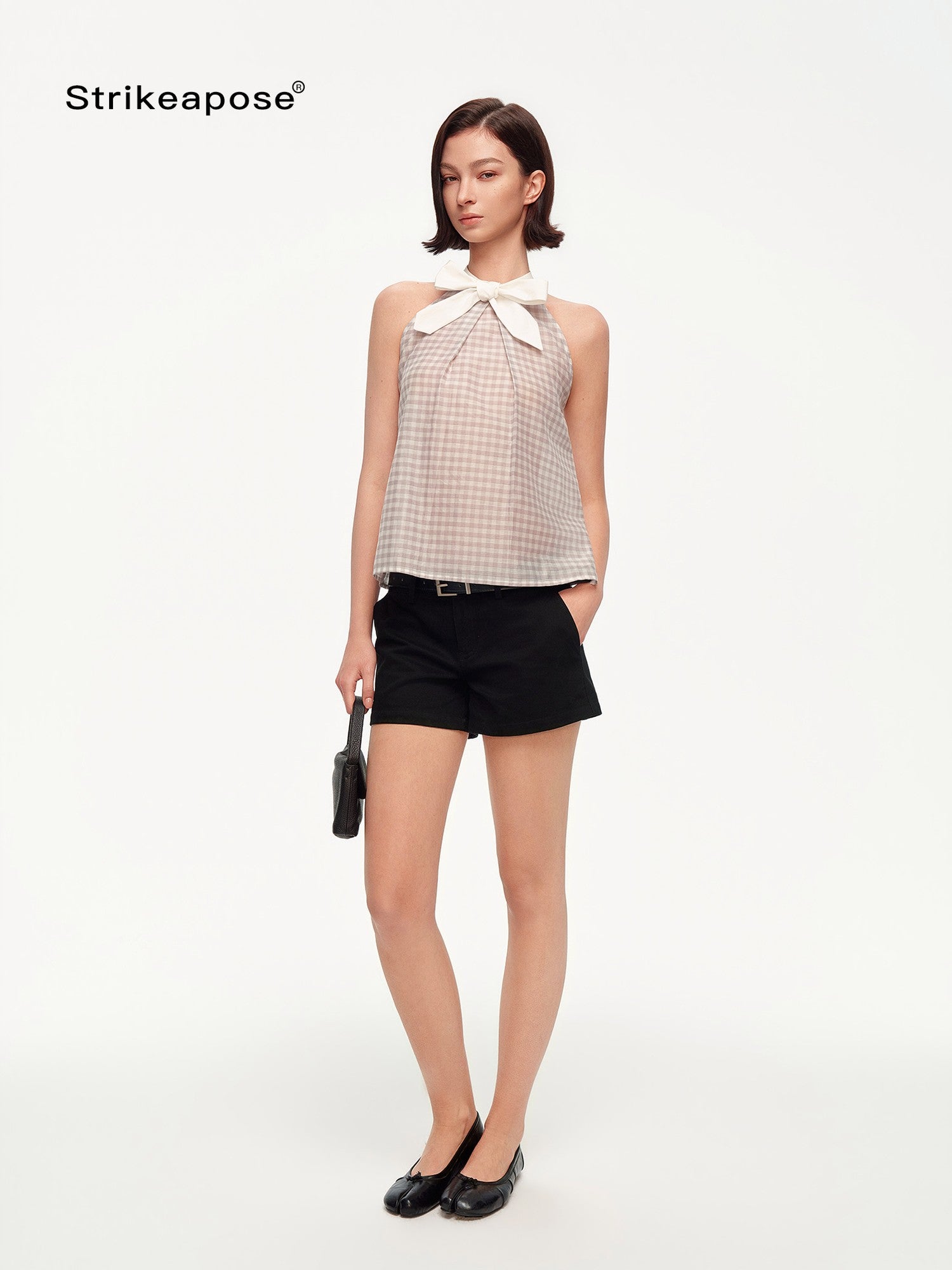 STRIKE A POSE Plaid Textured Halter Bow Slim Women&