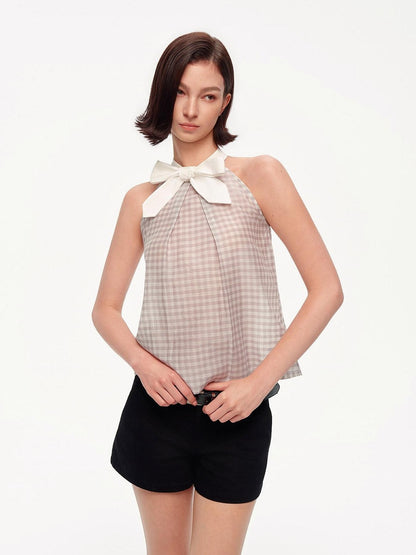 STRIKE A POSE Plaid Textured Halter Bow Slim Women&