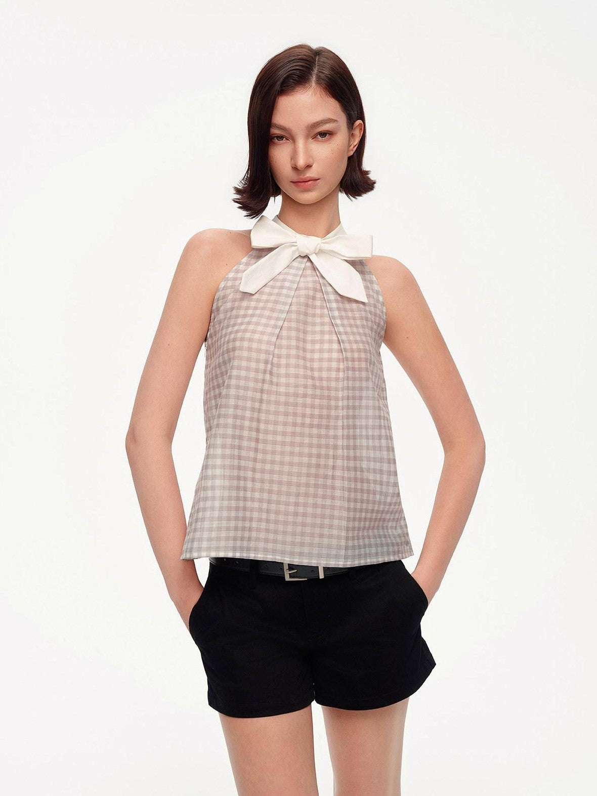 STRIKE A POSE Plaid Textured Halter Bow Slim Women&