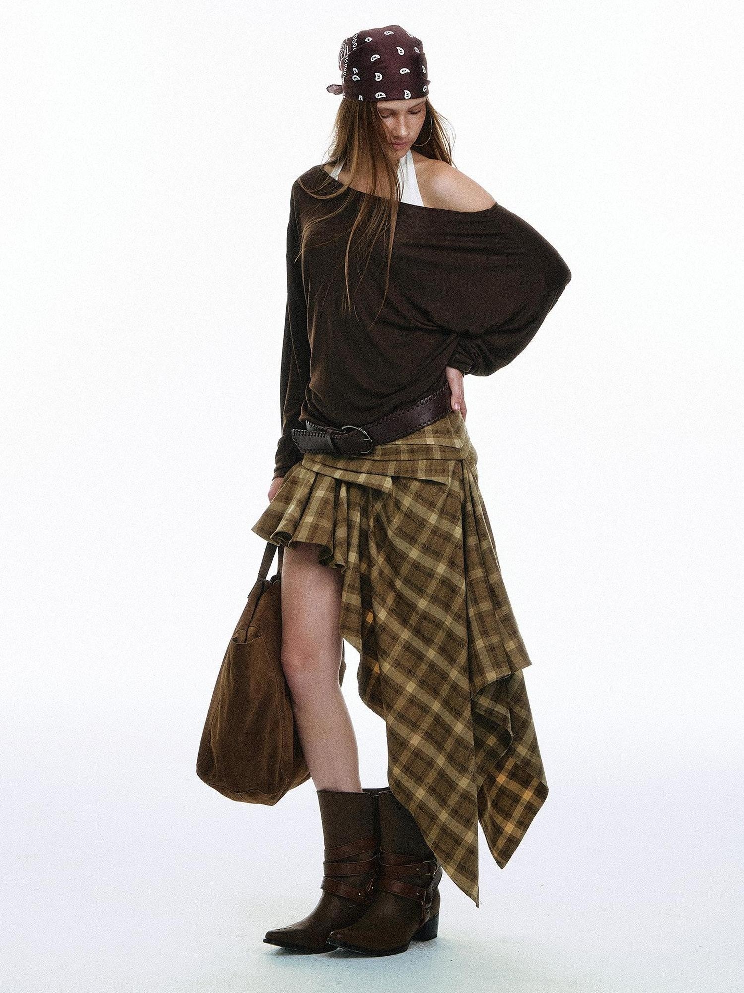 STRIKE A POSE Plaid Vintage Asymmetric Hand Pleated Women&