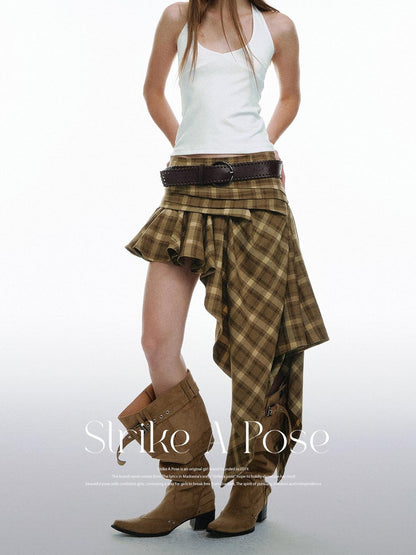 STRIKE A POSE Plaid Vintage Asymmetric Hand Pleated Women&