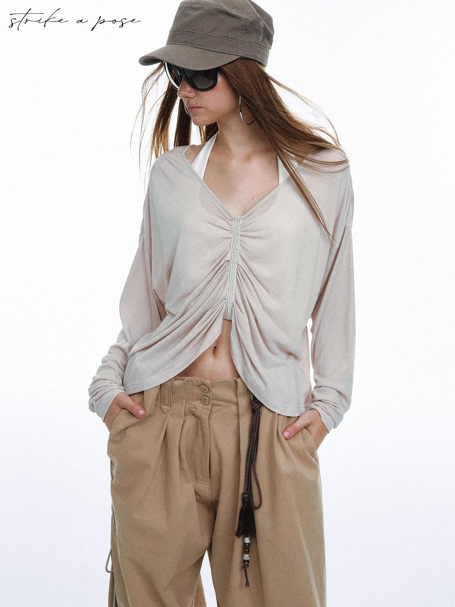 STRIKE A POSE Pleated Lace V-neck Women&