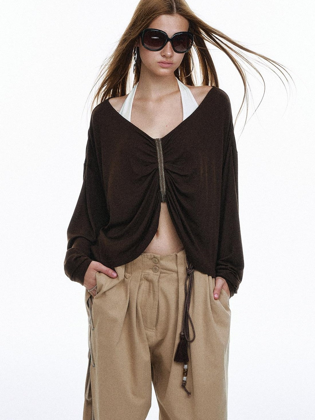 STRIKE A POSE Pleated Lace V-neck Women&