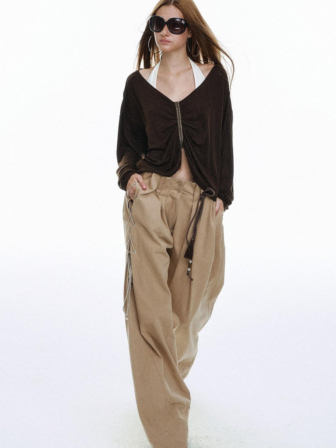 STRIKE A POSE Pleated Lace V-neck Women&