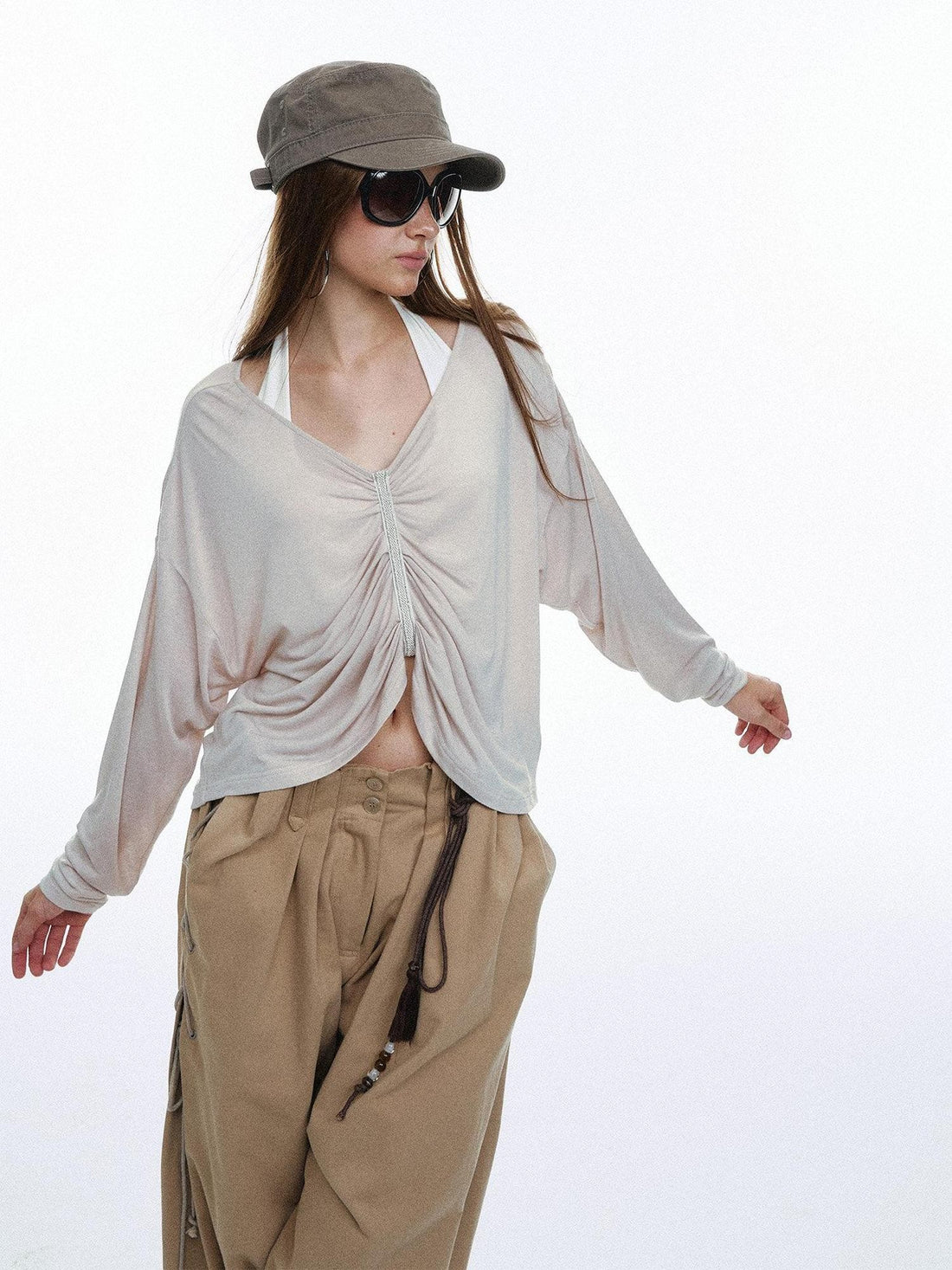 STRIKE A POSE Pleated Lace V-neck Women&