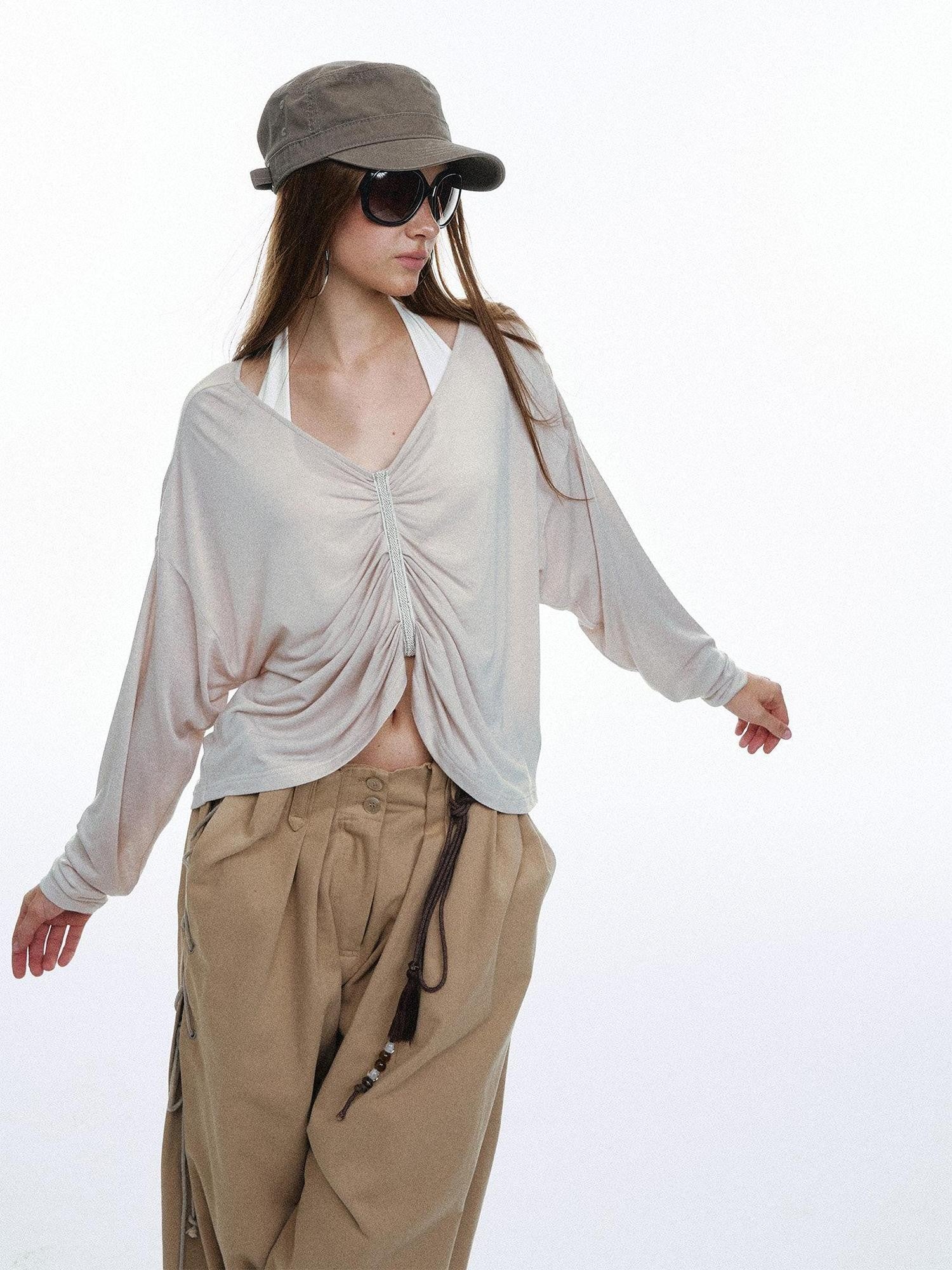 STRIKE A POSE Pleated Lace V-neck Women&