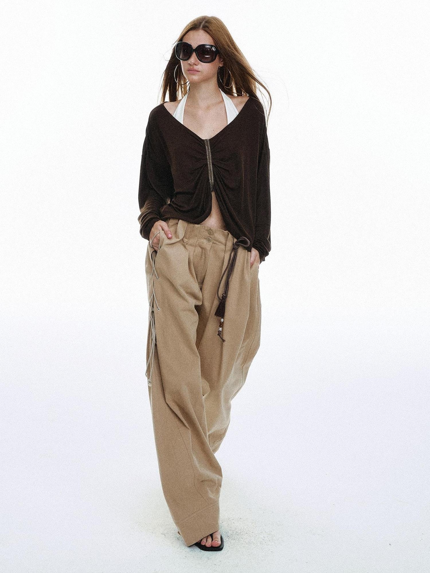 STRIKE A POSE Pleated Lace V-neck Women&