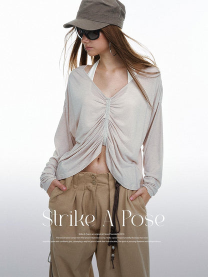 STRIKE A POSE Pleated Lace V-neck Women&