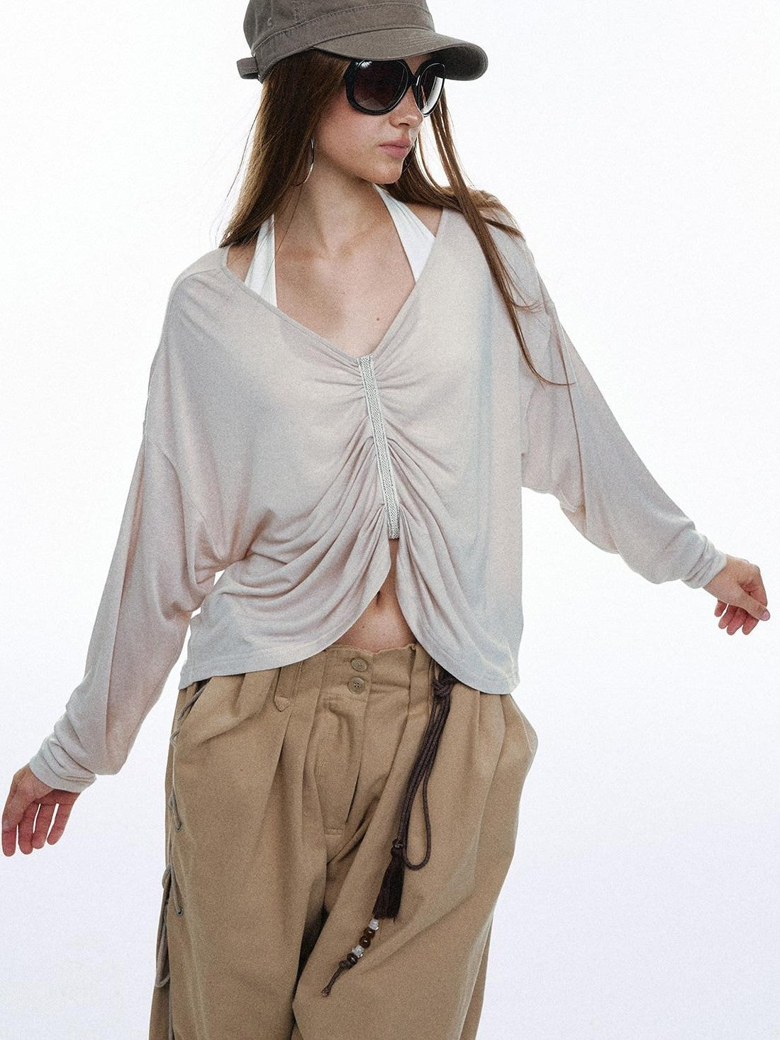 STRIKE A POSE Pleated Lace V-neck Women&