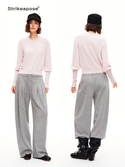 STRIKE A POSE Pleated Low Rise Drawstring Wide Leg Wool Blend Women&